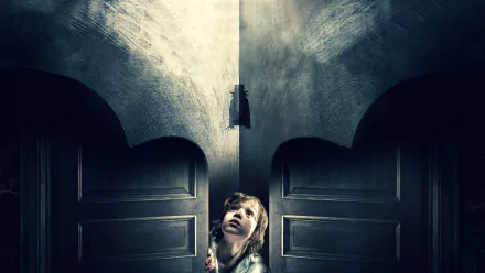 HD PC desktop wallpaper from the movie The Babadook: a frightened child peers between half-open doors as a tall, shadowy figure looms in the light above.