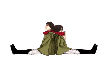 HD desktop wallpaper of Eren Yeager and Mikasa Ackerman from the anime Attack on Titan, sitting back to back in their Survey Corps uniforms against a white background.