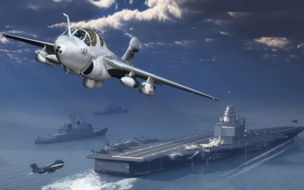 A Northrop Grumman EA-6B Prowler jet fighter flies over an aircraft carrier and warships under a cloudy sky, rendered in 4K Ultra HD as a military desktop wallpaper.
