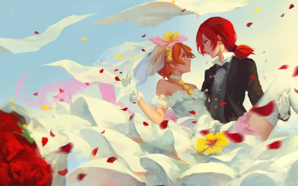 4K Ultra HD PC desktop wallpaper of Love Live! anime characters Maki Nishikino and Rin Hoshizora — Rin in a flowing white wedding dress and veil, Maki in a black suit among falling rose petals.