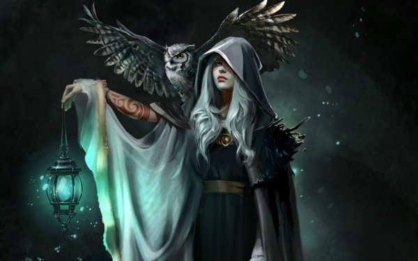 Fantasy Women Night Lantern Bird Owl Hood White Hair Tattoo HD Wallpaper | Background Image