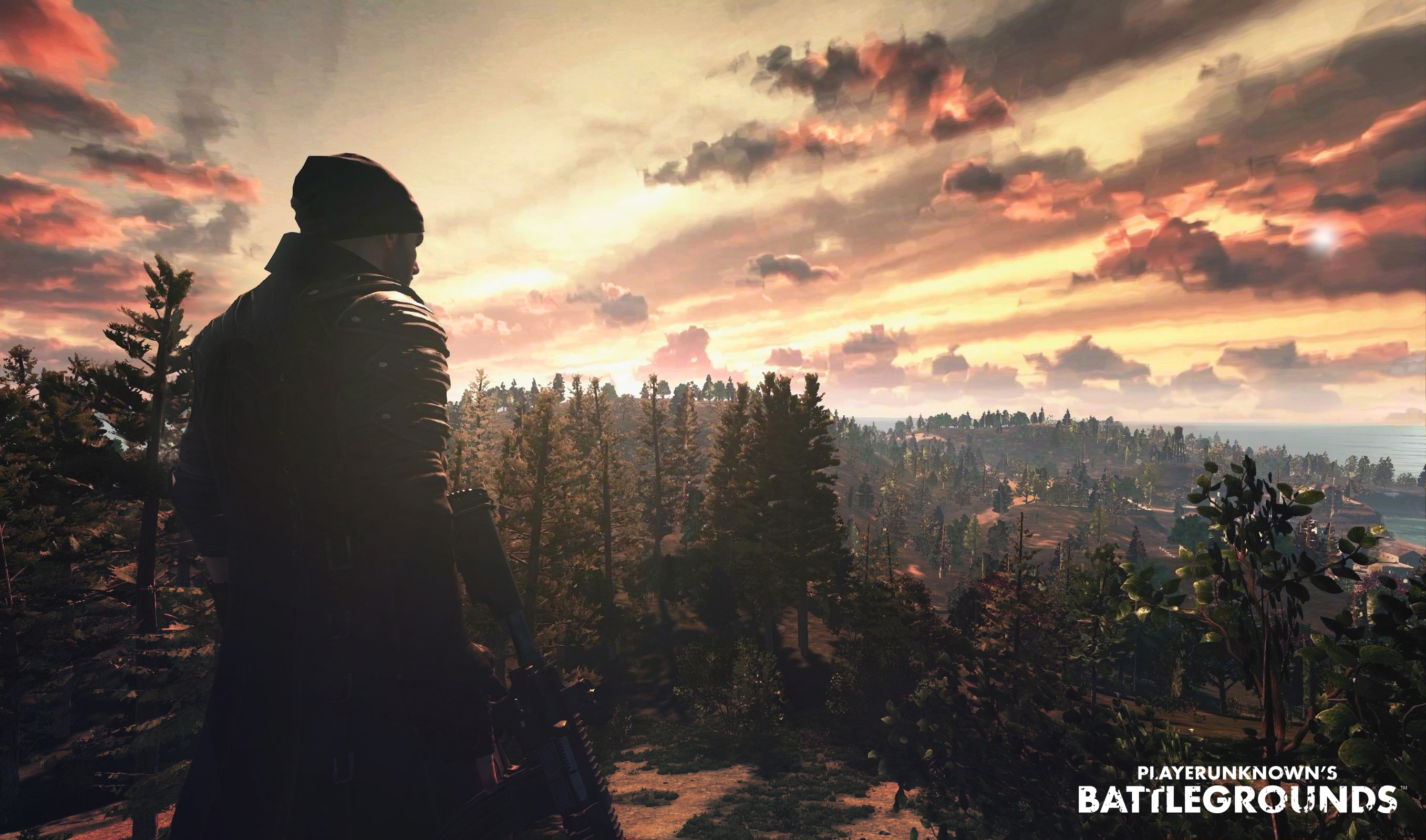 HD desktop wallpaper featuring a Playerunknown's Battlegrounds scene with a character looking over a scenic forest landscape at sunset.