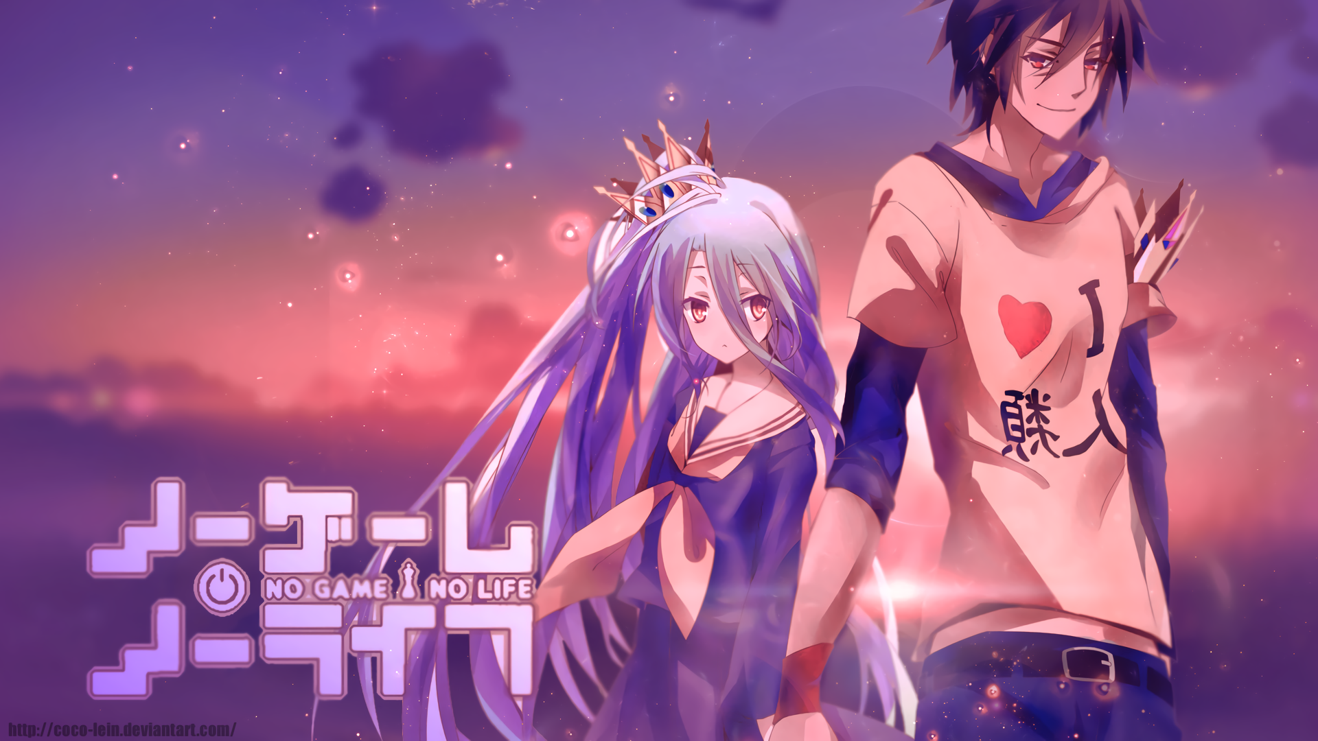 HD anime wallpaper featuring Sora and Shiro from No Game No Life against a dreamy, purple sunset background.