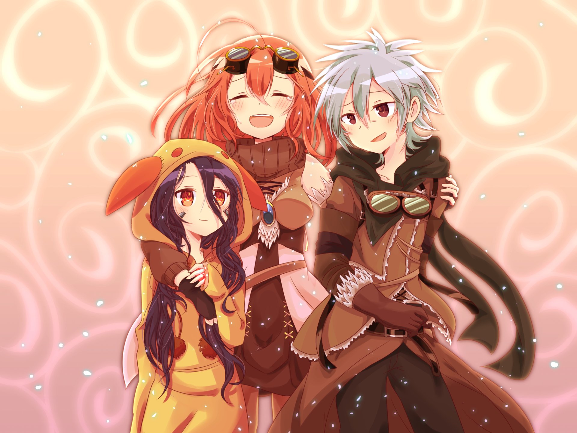 HD desktop wallpaper featuring three characters from No Game No Life anime. Two have long hair, with one in a hooded costume. The background has a swirly, pastel pattern.