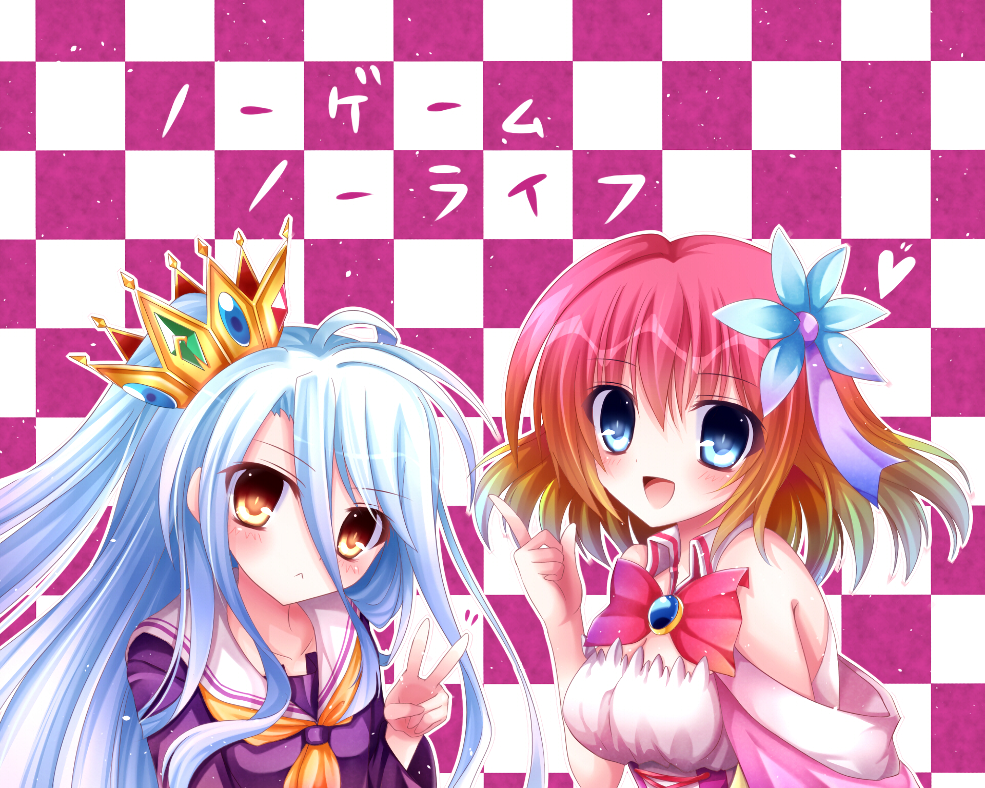 HD anime desktop wallpaper featuring Stephanie Dola and Shiro from No Game No Life against a pink checkered background with Japanese text.