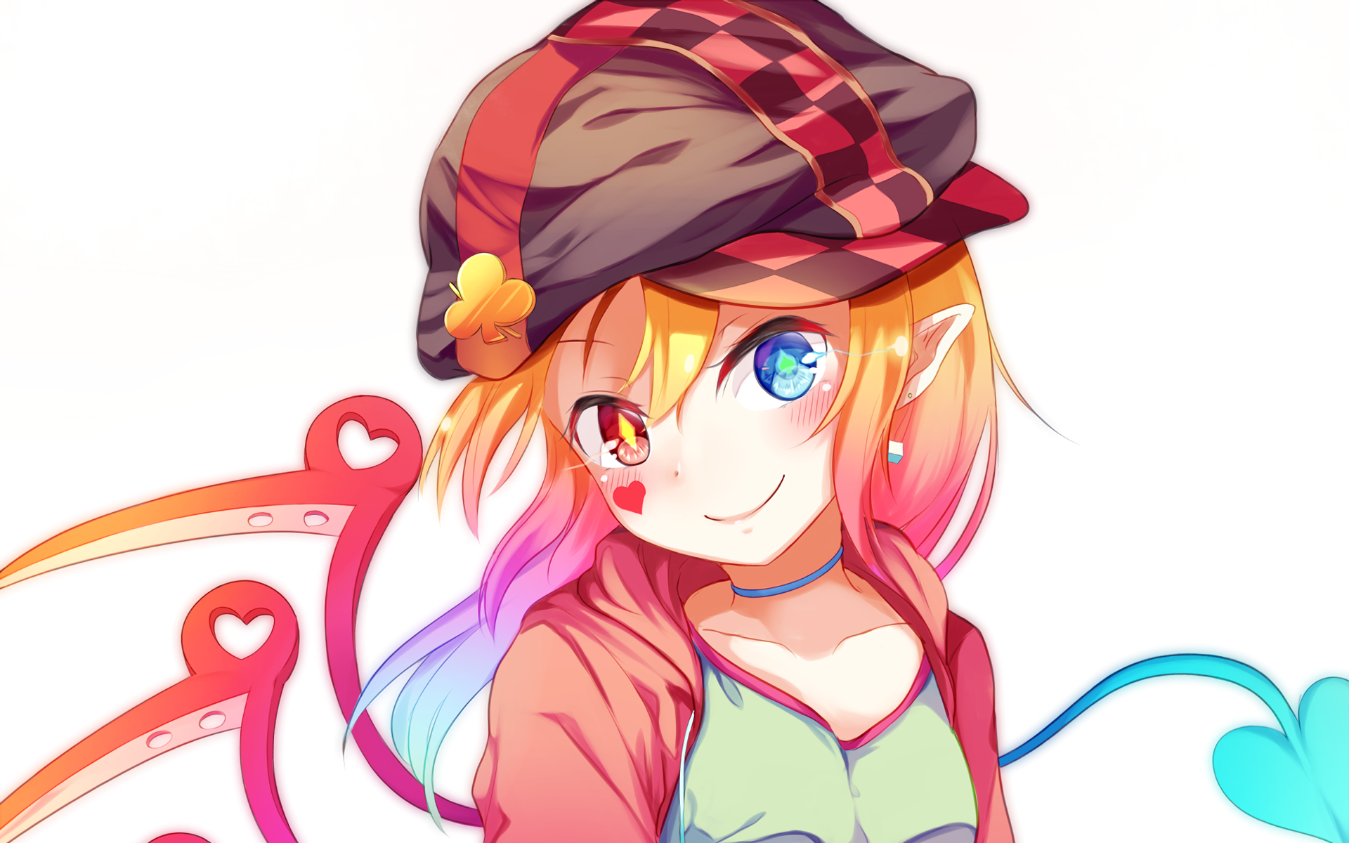 Anime character with heterochromia, wearing a hat and blushing, in a vibrant HD desktop wallpaper. The image features a crossover between No Game No Life and Touhou. Hearts and colorful elements accent the background.