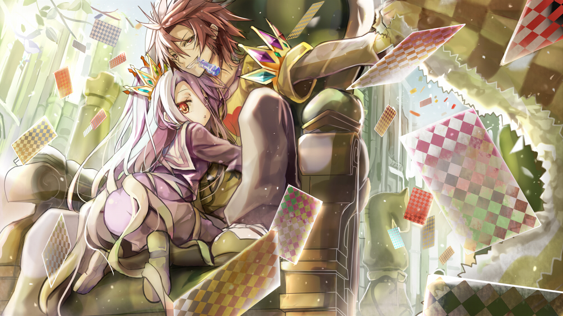 HD desktop wallpaper featuring Sora and Shiro from the anime No Game No Life, showcasing vibrant colors and dynamic elements, with the characters posed on a throne surrounded by playing cards.