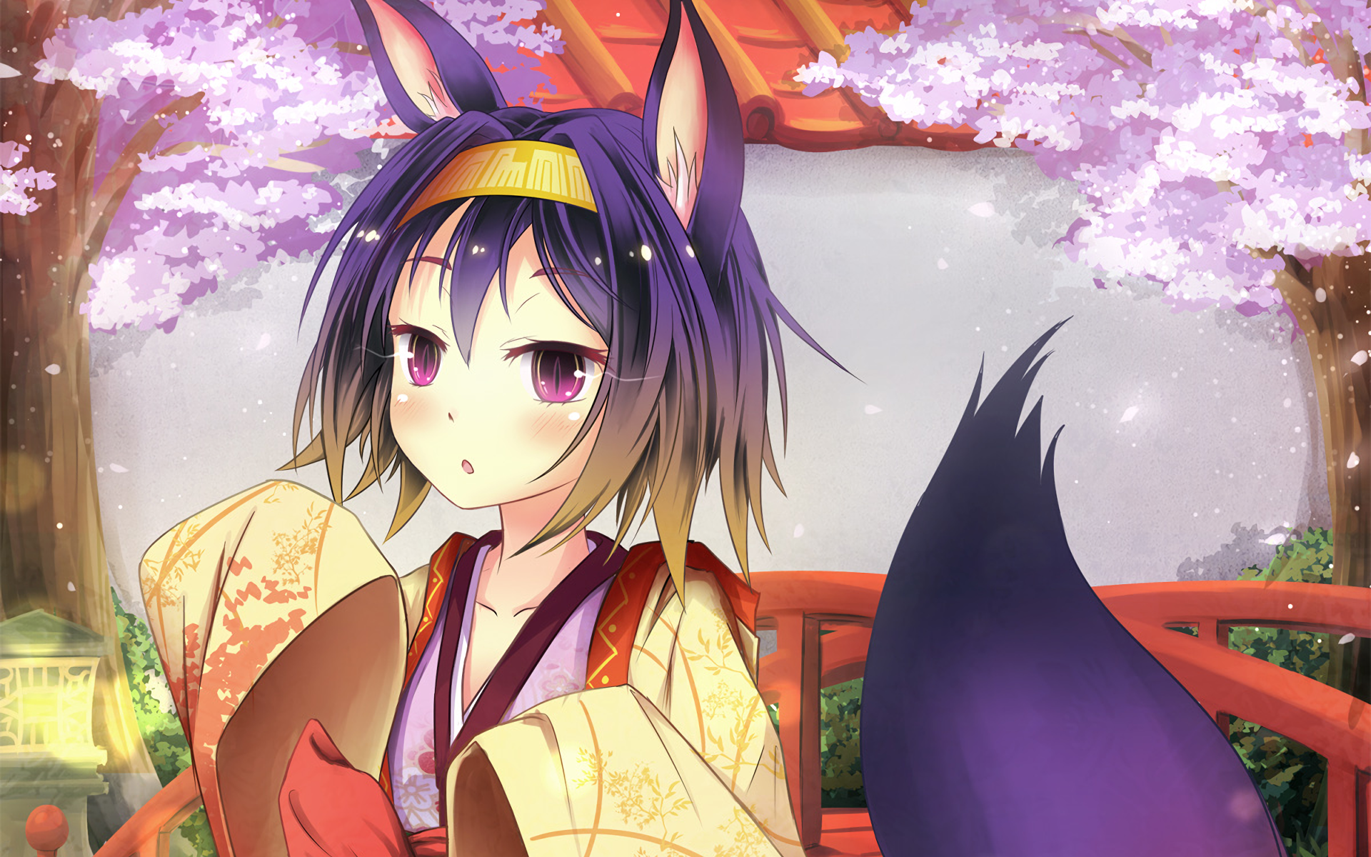 HD anime desktop wallpaper featuring Izuna Hatsuse from No Game No Life, dressed in traditional attire with fox ears and tail, set against a vibrant cherry blossom background.