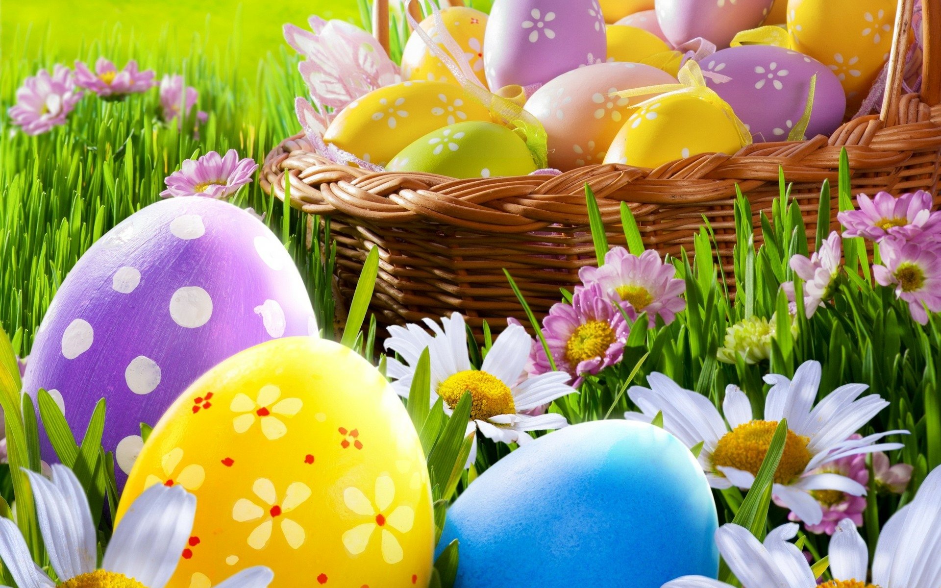 Download Spring Colorful Flower Grass Basket Easter Egg Egg Holiday ...