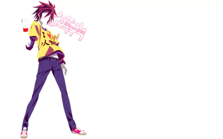 HD PC desktop wallpaper featuring Sora from the anime No Game No Life, showcasing his distinctive colorful outfit and confident stance against a white background.