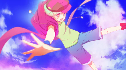 Anime-style HD desktop wallpaper featuring Tet from No Game No Life with grey hair, wearing a hat, green shirt with collar, and shorts against a vibrant sky with clouds.