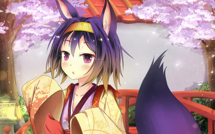 HD anime desktop wallpaper featuring Izuna Hatsuse from No Game No Life, dressed in traditional attire with fox ears and tail, set against a vibrant cherry blossom background.