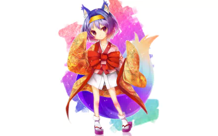 HD PC desktop wallpaper of Izuna Hatsuse from No Game No Life: fox-eared girl in a vibrant kimono and sandals, standing against a bright, watercolor splash background.