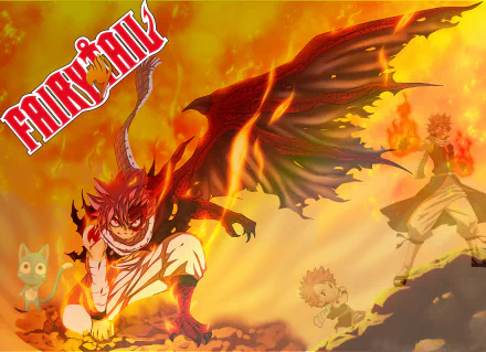HD desktop wallpaper of the anime Fairy Tail, featuring Natsu Dragneel with fiery effects, a dragon wing, and other characters in a dynamic, flame-filled battle scene.