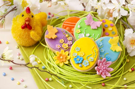 Colorful Easter egg-shaped cookies decorated with blossoms and butterflies sit alongside a fluffy chick toy, surrounded by white blossoms in a vibrant holiday-themed HD desktop wallpaper.
