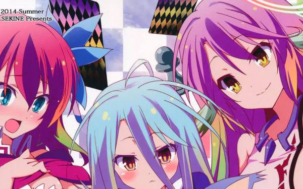 HD desktop wallpaper featuring Anime characters Stephanie Dola, Jibril, and Shiro from No Game No Life, against a vibrant, checkered background. Text: 2014 Summer SEKINE Presents at top left.
