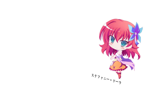 Chibi Stephanie Dola (Anime — No Game No Life) with pink hair, blue bow and orange dress on a white canvas — 2K Quad HD PC desktop wallpaper/background.