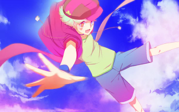 Anime-style HD desktop wallpaper featuring Tet from No Game No Life with grey hair, wearing a hat, green shirt with collar, and shorts against a vibrant sky with clouds.