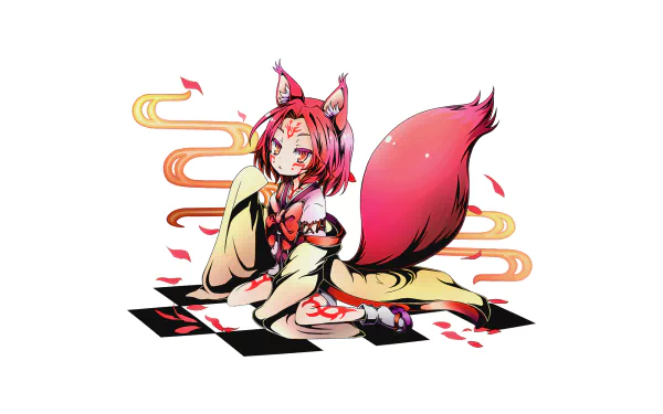HD desktop wallpaper featuring Izuna Hatsuse from the anime No Game No Life, sitting with a fox-like tail and ears, surrounded by swirling patterns and petals.