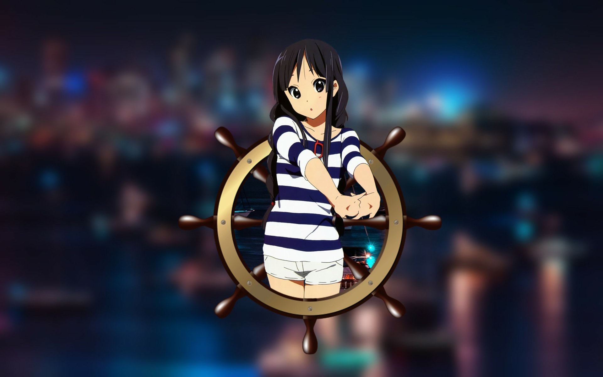 Mio Akiyama (K-ON!) anime artwork: Mio framed by a ship wheel, wearing navy-and-white striped top and white shorts against blurred city night bokeh — 2K Quad HD PC desktop wallpaper.
