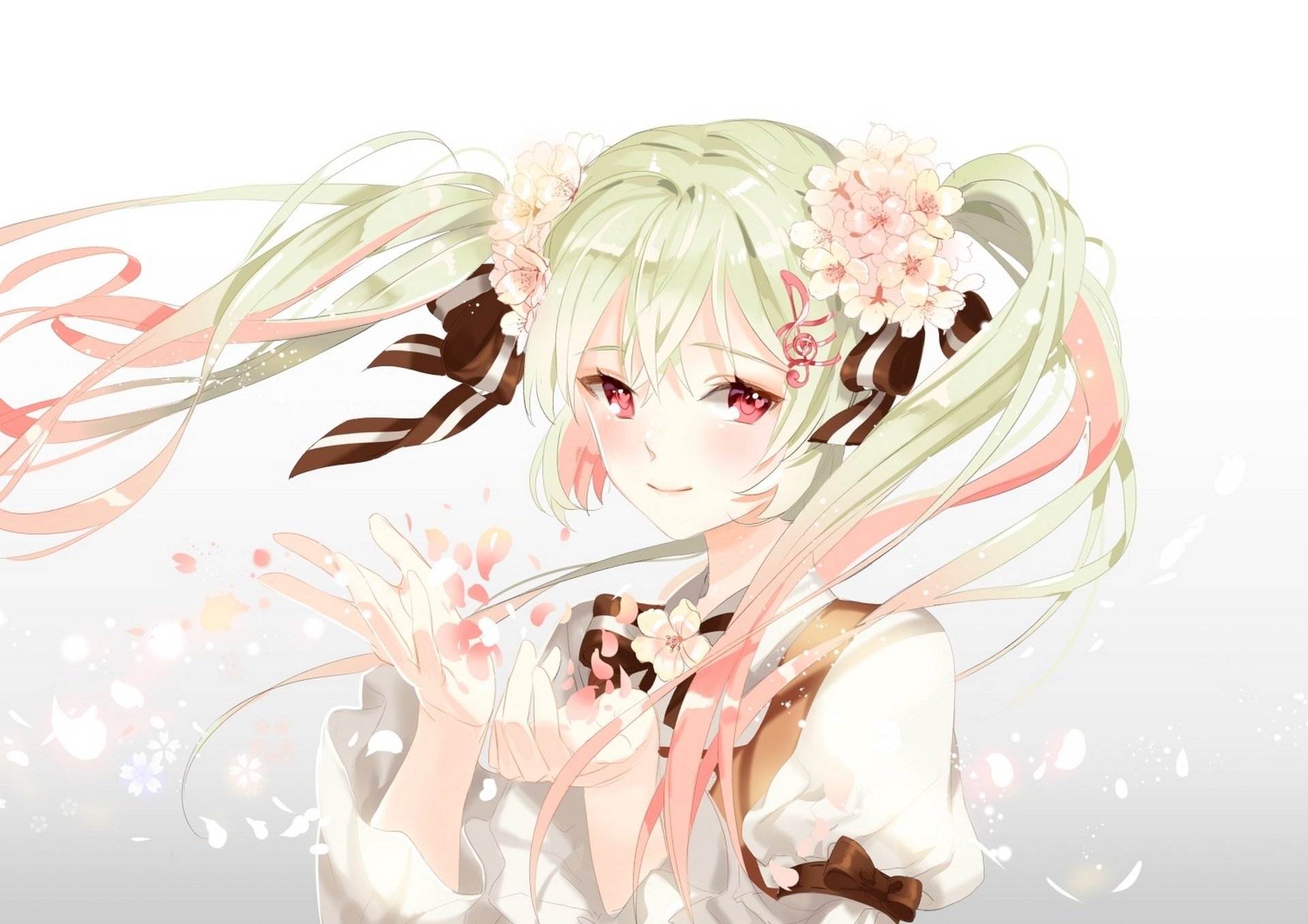 HD desktop wallpaper featuring Hatsune Miku in an anime style, adorned with flowers in her hair. The background is light, highlighting her pastel-colored, flowing hair and gentle expression. Vocaloid themed.