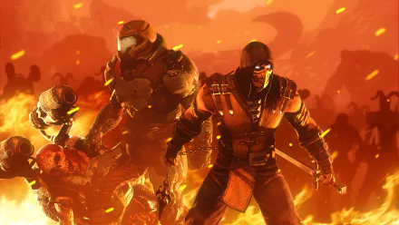 HD PC wallpaper featuring Scorpion from Mortal Kombat X alongside Doom's Doom Slayer in a fiery crossover video game scene.