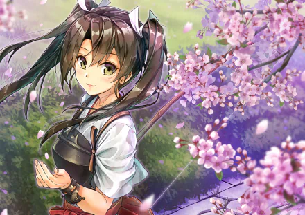 An anime girl with twintails and grey hair stands amid cherry blossoms, green eyes shining. The background, a serene spring scene, features pink blossoms. The character is Zuikaku from Kantai Collection.