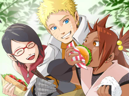 HD desktop wallpaper featuring Chouchou Akimichi, Naruto Uzumaki, and Sarada Uchiha from Boruto anime. The characters are enjoying a lively meal in an outdoor setting with vibrant expressions.