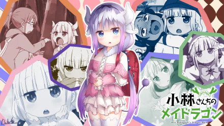 HD desktop wallpaper featuring Kanna Kamui from the anime Miss Kobayashi's Dragon Maid with various expressions and scenes in the background.