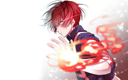 Shoto Todoroki from My Hero Academia releasing fire from his left hand, in a high-definition anime wallpaper. The character sports distinctive red and white hair, set against a dynamic background.