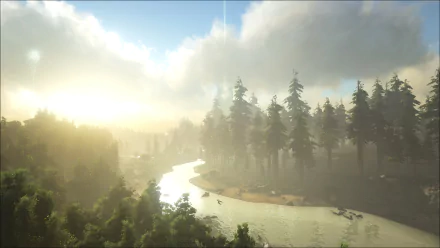 Misty sunrise over a winding river through dense conifer forest — HD PC desktop wallpaper from the video game Ark: Survival Evolved.