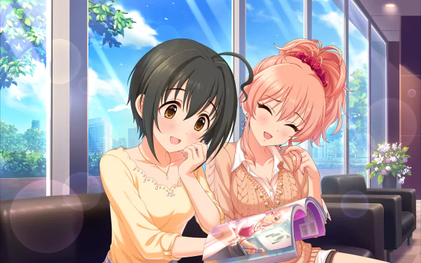 Mika Jougasaki and Miho Kohinata from THE iDOLM@STER: Cinderella Girls Starlight Stage share a cheerful moment reading a magazine in a bright, modern room.