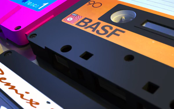 A vibrant 3D retro-themed HD desktop wallpaper featuring colorful vintage cassette tapes, capturing the nostalgic essence of classic music formats.