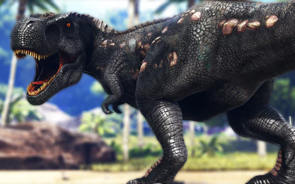 HD desktop wallpaper featuring a fierce Tyrannosaurus Rex from the video game Ark: Survival Evolved stomping through a lush prehistoric landscape.