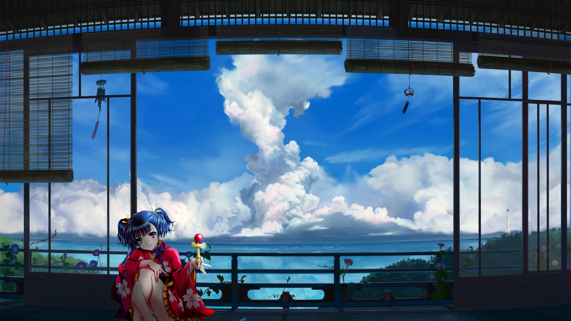 HD anime desktop wallpaper featuring Mumei from Kabaneri of the Iron Fortress, set against a vibrant blue sky with dramatic clouds viewed through a large window.