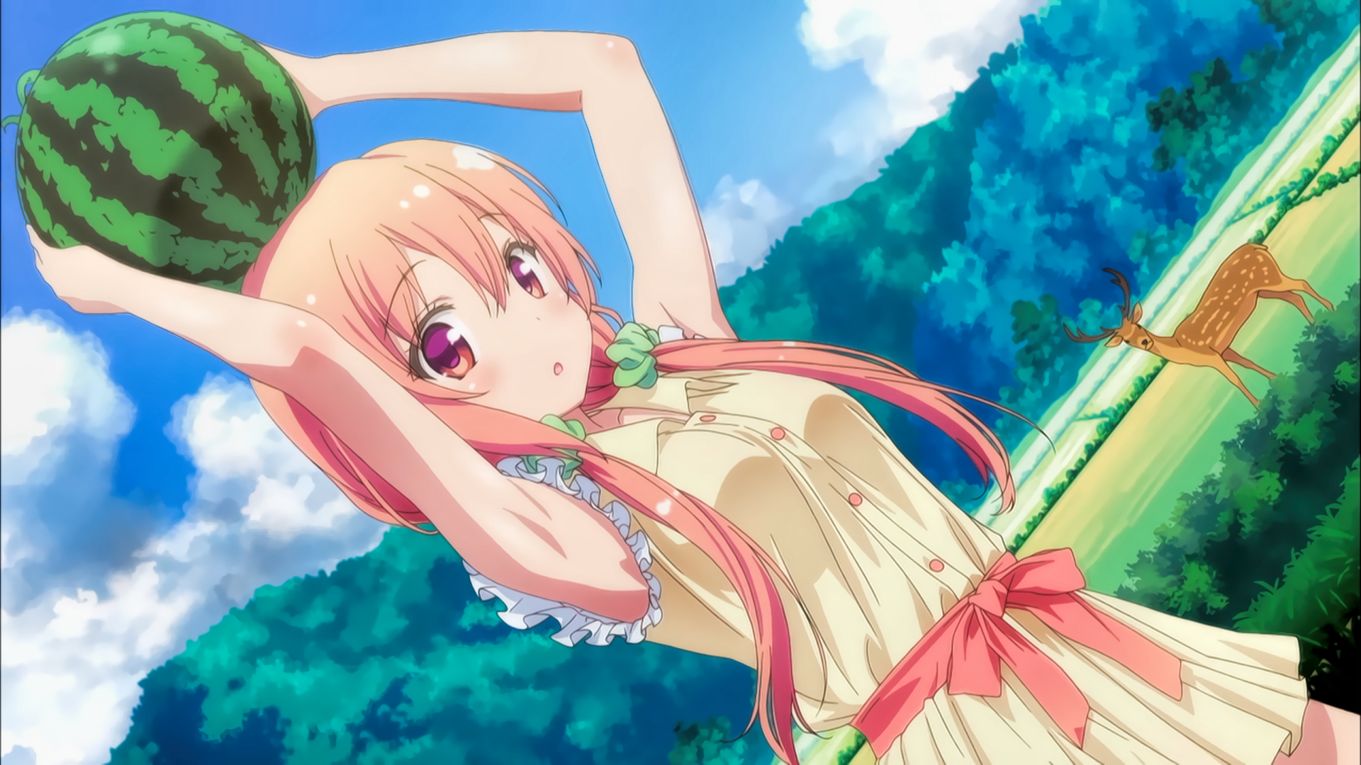 HD anime desktop wallpaper featuring Hinako Sakuragi from Hinako Note. Hinako holds a watermelon above her head in a lush outdoor setting with trees, grass, and a deer in the background.