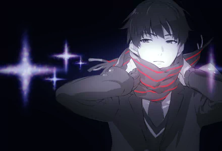 HD PC desktop wallpaper featuring Hiroomi Nase from the anime Beyond the Boundary with glowing purple stars and a red scarf against a dark background.