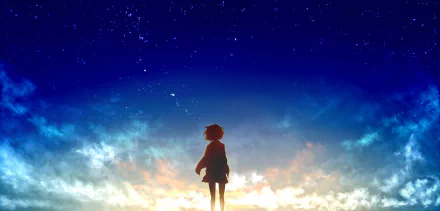 HD desktop wallpaper featuring Mirai Kuriyama from Beyond the Boundary, standing against a backdrop of a vibrant, colorful sky transitioning from sunset to night.