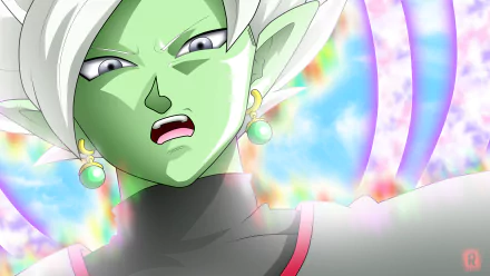 HD desktop wallpaper featuring Zamasu from Dragon Ball Super. The anime character is shown in intense emotion with a colorful, vibrant background.