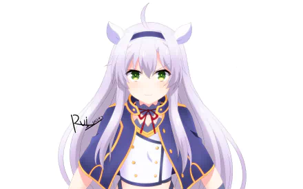 Anime-style HD desktop wallpaper of Sistine Fibel from Rokudenashi Majutsu Koushi to Akashic Records, featuring her white hair and striking green eyes.