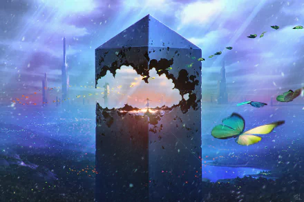 A vibrant anime-style art piece depicting a large tower with butterflies flying around, illuminated by sunbeams. The tower displays a horizon with a sunbeam cutting through clouds. HD desktop wallpaper and background.