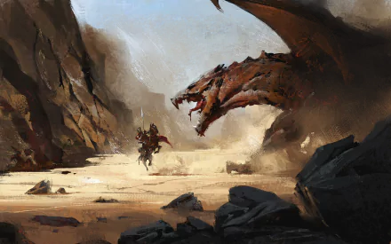 A high-definition fantasy wallpaper featuring a knight on horseback confronting a fierce dragon in a dramatic, rocky landscape.