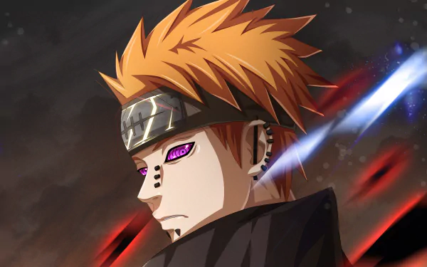 HD desktop wallpaper featuring Pain from the anime Naruto, showcasing his intense expression with distinctive purple eyes and orange spiked hair, set against a dark, dramatic background.