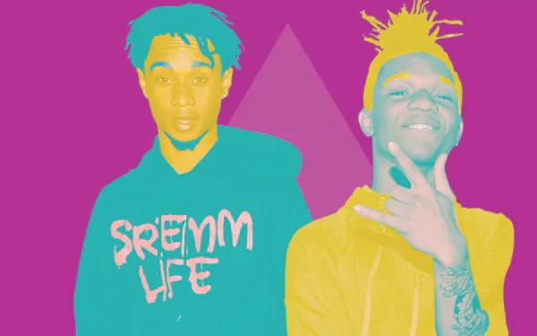 HD desktop wallpaper featuring the hip-hop duo Rae Sremmurd, with vivid pink and purple background and stylized graphics.