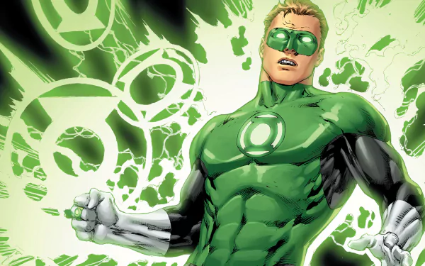 HD PC desktop wallpaper of Hal Jordan as the Green Lantern from DC Comics, depicted in a dynamic, glowing green comic-style artwork.