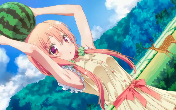 HD anime desktop wallpaper featuring Hinako Sakuragi from Hinako Note. Hinako holds a watermelon above her head in a lush outdoor setting with trees, grass, and a deer in the background.