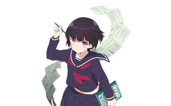 HD PC desktop wallpaper featuring Senju Muramasa from EroManga-Sensei, depicted in a dynamic pose with dark hair and school uniform, surrounded by floating papers.