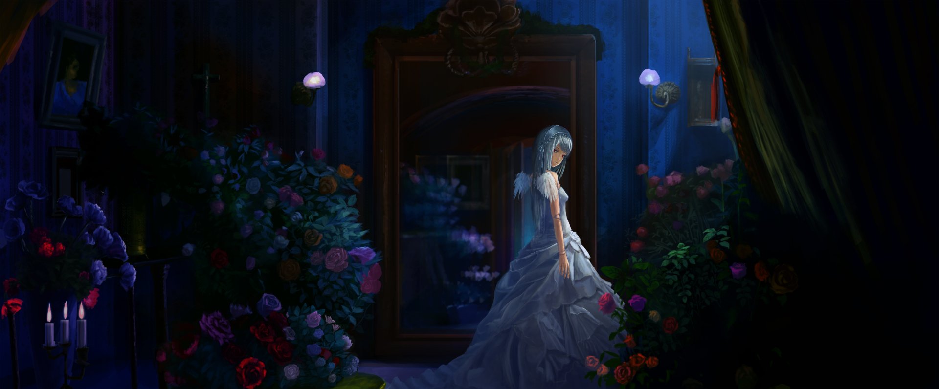 Suigintou from Rozen Maiden in a white dress, surrounded by roses and flowers, stands before a mirror in a dark, fantasy-inspired anime scene with vampire and angel motifs.