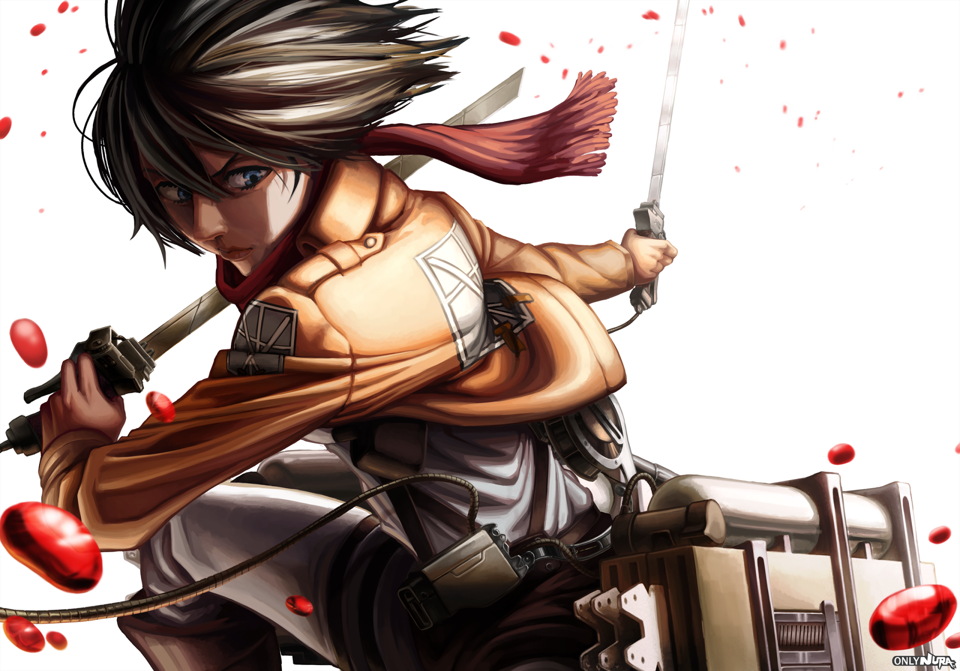 HD PC desktop wallpaper featuring Mikasa Ackerman from the anime Attack on Titan in dynamic action pose with sword and maneuver gear.