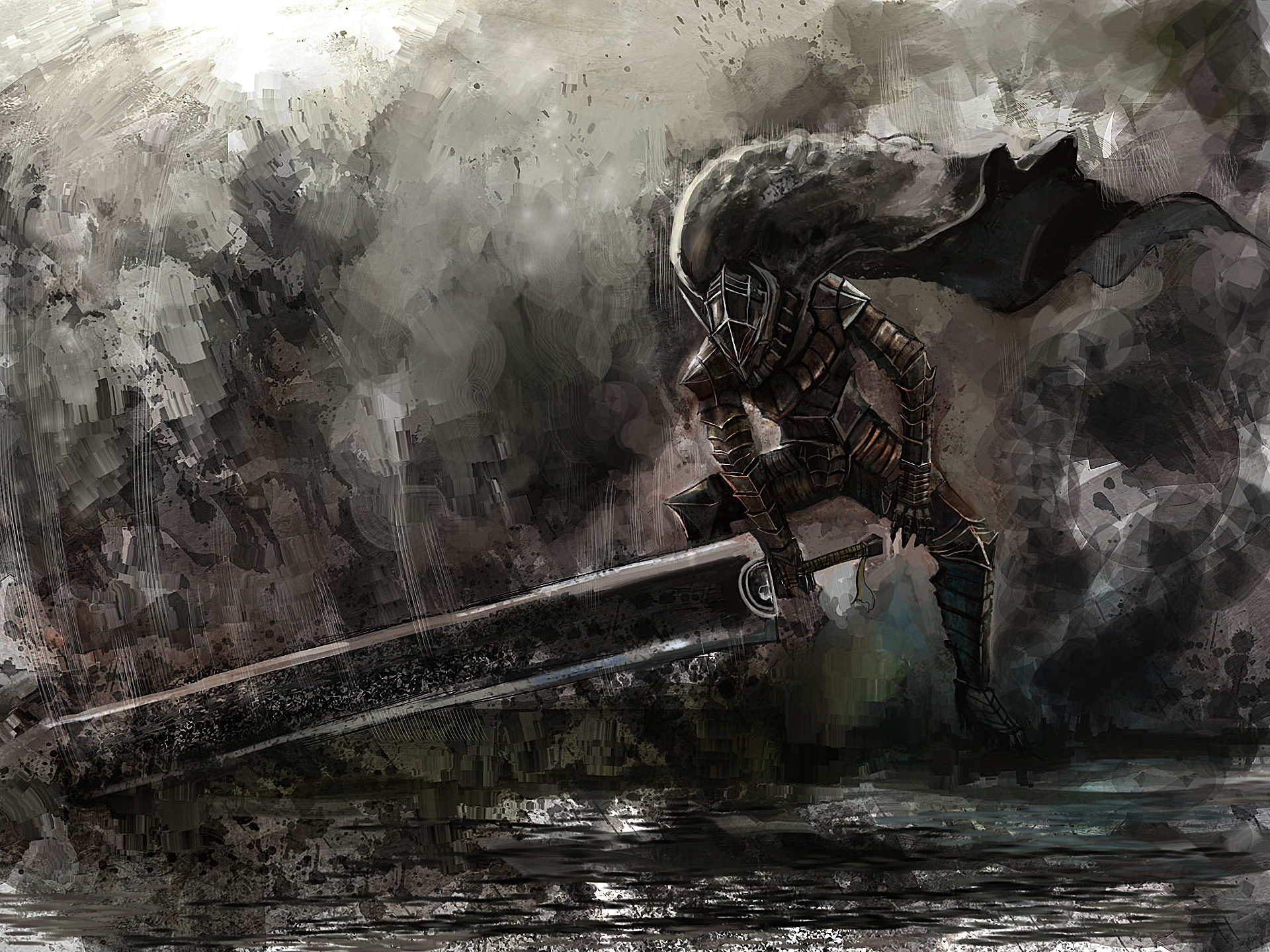 A dark and moody HD desktop wallpaper featuring a powerful character from the anime Berserk, wielding a large sword amidst a stormy, chaotic background.